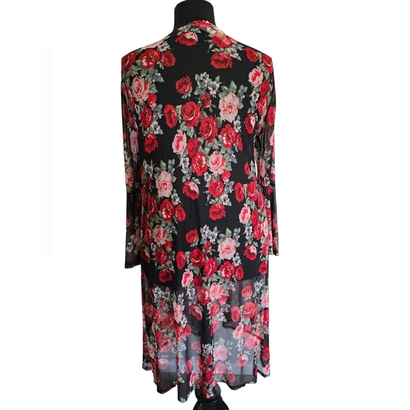 Plus Floral Duster Objex Jacket Vest Rose Red Black Mesh Romantic Bell 2X - Picture 4 of 6